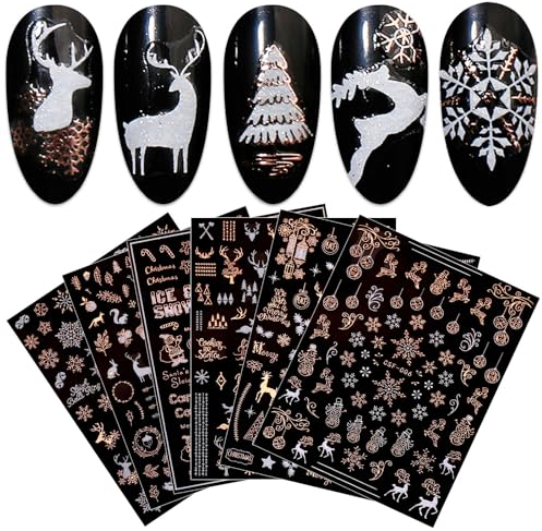 JMEOWIO Nagelsticker Weihnachten Weiß Glitter 9 Blatt Nail Art Sticker Selbstklebend Nagelaufkleber Schneeflocke Winterurlaub Rose Gold Dekoration Nageldesign Zubehör