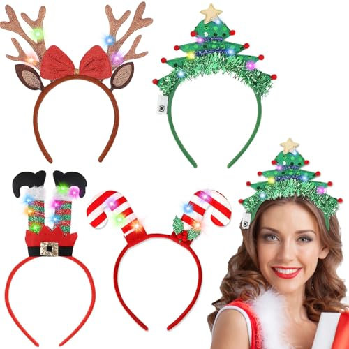 HIFOT 4 Stück LED Haarreif Weihnachten Damen Beleuchtete Stirnbänder Rentier Leucht Geweih LED Haarschmuck Weihnachtsbaum Elfen Weihnachtshaarreifen Erwachsene Weihnachts Accessoires
