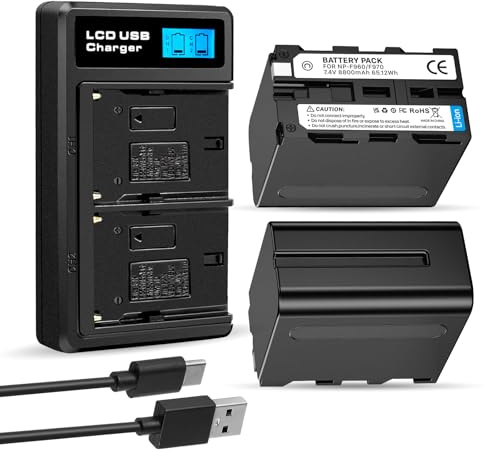 2 Pack 8800mAh Replacement Battery for Sony NP-F970 and USB Charger for Sony NP-F960 NP-F950 NP-F930 NP-F550 NP-F570 NP-F750 Batteries for Sony Handycams, Field Monitor, Video Light