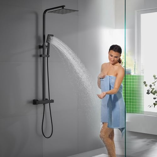 KINKIBOS Thermostatic Shower Mixer Set Black, 30 * 30 cm Square Overhead Rainfall Shower Head, Handheld Shower, Height Adjustable Shower Set, Anti Scald Shower System