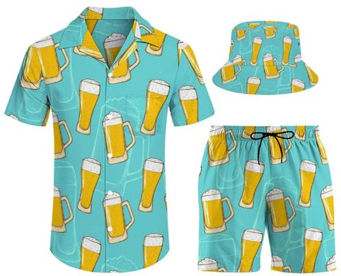 AsqLdQM Kurzes Herren-Set, 3-teilig, Urlaubs-Outfits, Hawaii-Hemd und Shorts, lässige Ananas-Strandanzüge mit Eimerhüten, Bier, XXL