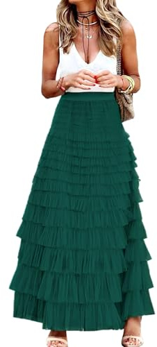 Gratoryna Womens Long Maxi Tulle Skirt A Line Ruffle Mesh High Waisted Tiered Layered Skirts Petticoat(DarkGreen-M)
