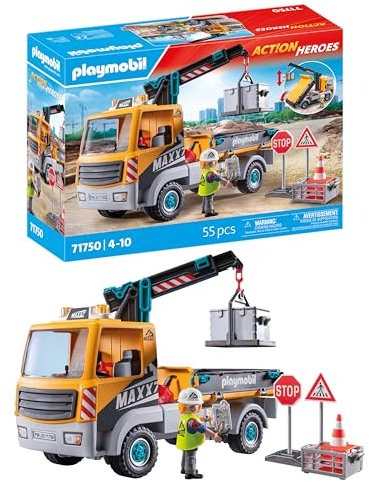 PLAYMOBIL | Baustellen-LKW mit Kran | Baustellenspielzeug Kind | Baustellen Spielset | Spielzeug für Kinder ab 4 Jahren | 71750