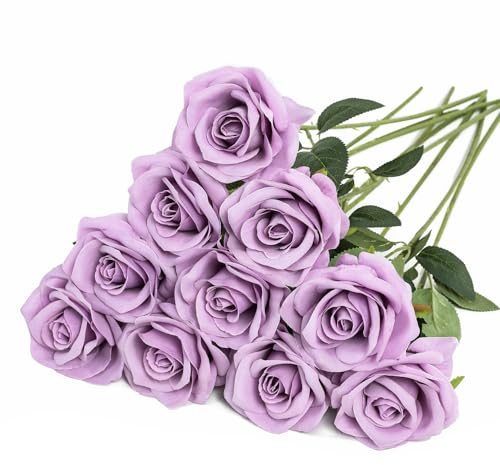 LEUCHTAMOR 10Pcs Artificial Roses Silk Roses Lilac Fake Single Stem Realistic Roses Faux Flowers Bouquet for DIY Craft for Home Decorations Wedding Flowers Bouquet Garden Decor
