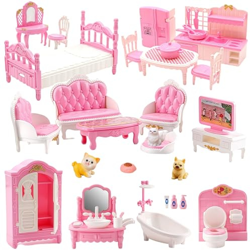 36Pcs Dollhouse Furniture Set,Miniature 1:12 Scale Dolls House Accessories with Cat,Dog,Kitchen, Dining Room, Living Room,Bedroom for Children Kids Girls Playhouse Toy (Pink)