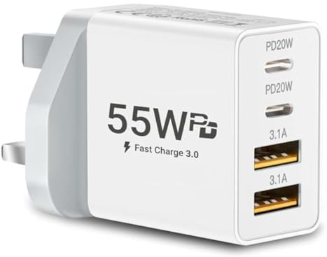 Goodiesltd 55W USB C Fast Charger Plug, 4-Port Wall Adapter UK – Dual PD & QC Ports for iPhone 15 14 13 12 Pro Max, iPad, AirPods, Android, Samsung, Google, Tablet – Multiport USB C Mains Charger
