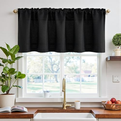 TOPICK Schwarz Scheibengardine für Küche Blickdicht Badezimmer Klein Fenster Landhausstil Gardine mit Waffel Muster Lichtdurchlässig Verdunkelung Bistrogardine mit Tunnelzug 1 Schal 150Bx45H cm