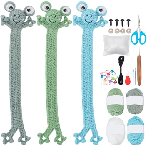 WEBEEDY 3 DIY Häkel-Set für Frosch Lesezeichen Für Anfänger Tier Lesezeichen Häkel Starter Set Mit Schritt Für Schritt Video Anleitungen Für Erwachsene Geschenk Für Bücherliebhaber.