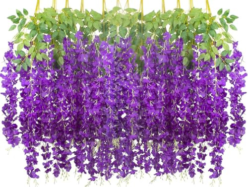 Denxahao Kunstblumen künstliche Glyzinien Blumen, Girlande Pflanze gefälschte hängende Blumen Rebe Künstliche Wisteria Girlande für Hochzeit, Geländer, Zuhause, Büro, Party, 110CM (12PCS/D-Violett)