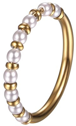 JewelryWe Damen Ring Gold Perlenring Vergoldet Edelstahl Damenring Fingerring mit Weiß Süßwasserperlen Stapelbar Perlen Ring für Hochzeit Verlobung - Geschenk für Frau Freundin Tochter