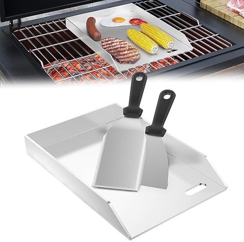 Aufun Edelstahl Grillplatte Universal BBQ Plancha mit Fettsammelbehälter | BBQ Feuerplatte Blech Griddleplatte für Gas- & Holzkohlegrill Grillzubehör inkl (20x30x4cm)