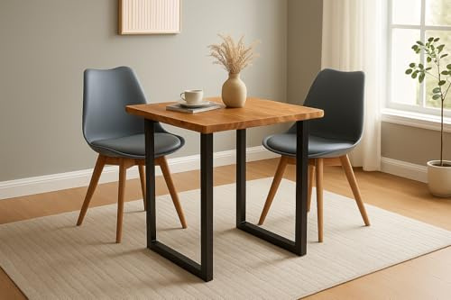SAM 3-TLG. Essgruppe Quinn 90x90 cm Akazie Natur / 2 Stühle grau | massiv, Echte Baumkante, Akazienholz naturfarben, U-Gestell schwarz, Esstisch mit 2 Stühlen, Schalenstuhl, Esszimmertisch