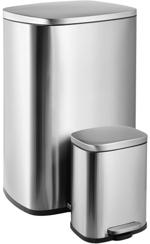 LIFERUN Mülleimer 50l + 5L, 2er Set Abfalleimer aus Stahl, Silber | mit Softclose Deckel, Abnehmbarer Inneneimer, Geruch isolieren, Großer und Klein Tretmülleimer Set für Küche, Badezimmer