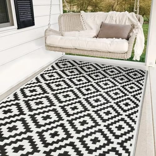 Hiseng Tapis d'extérieur Imperméable Terrasse Balcon, Tapis Géométrie Réversible en Plastique Résistant aux Intempéries aux UV, pour Jardin, Camping, Cuisine ou Pique-Nique (Noir Blanc,152x244cm)