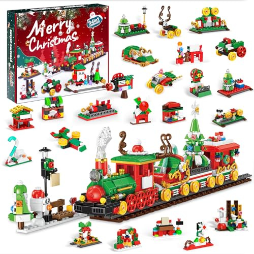 POFIBO Calendario Adviento 2025 Bloques de Construcción Calendario de Cuenta Regresiva de Navidad 24 Piezas Mini Construcción 24 en 1 Tren de Navidad Building Blocks Juguete Regalos para Niños