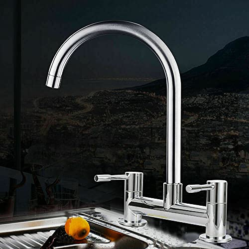 Modern Chrome Kitchen Sink Mixer Tap, 2 Hole 1/4 Turn Dual Lever, 360° Swivel Spout Brass Faucet, Deck Mounted, 180mm Centres, UK Standard Plumbing Fixture