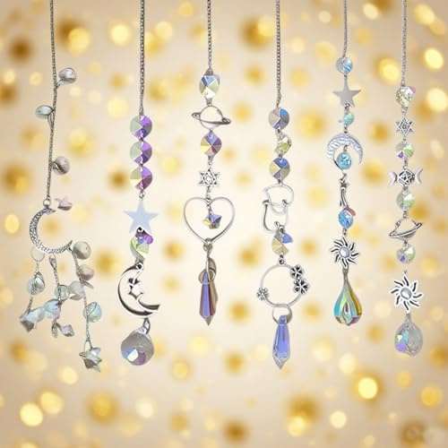 6 Stück Sonnenfänger Kristall Fenster Fensterdeko Hängend，Hanging Windspiel Regenbogen Sonnen Mond Anhänger Kristalle，Ornament Kristallkugeln Für Garten Zuhause Büro