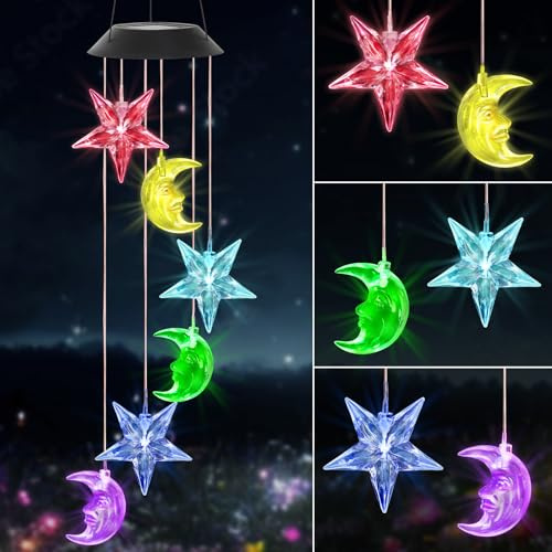 Dremisland Carillons Éoliens Solaires de Jardin Lumière Solaire de Lune d'étoile Carillon de Vent LED Multicolore Suspendu Lampe Étanche Solaire Lumières pour Jardin Balcon Cour Terrasse