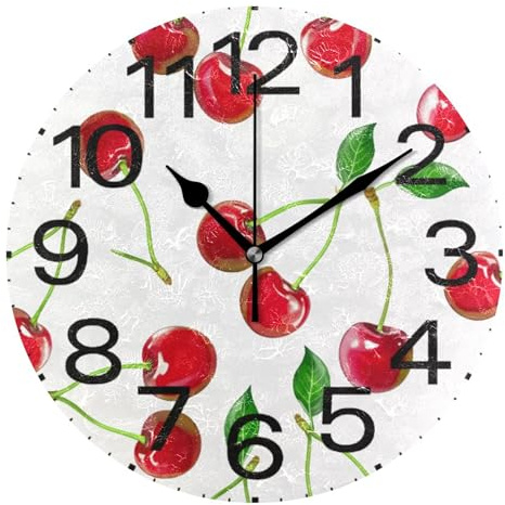 Kutsu Scale Cherries Wall Clock Silent Non Ticking, Battery Operated Round Clock 10 Inch for Home Bedroom Living Room Kitchen Office School Classroom, Black
