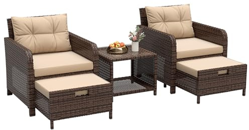LHBcraft Outdoor Furniture 5 Piece Patio Conversation Set, PE Rattan Patio Set with Soft Cushions & Coffee Table, Outside Furniture with Hidden Ottoman for Porch, Lawn, Garden, Balcony, Brown