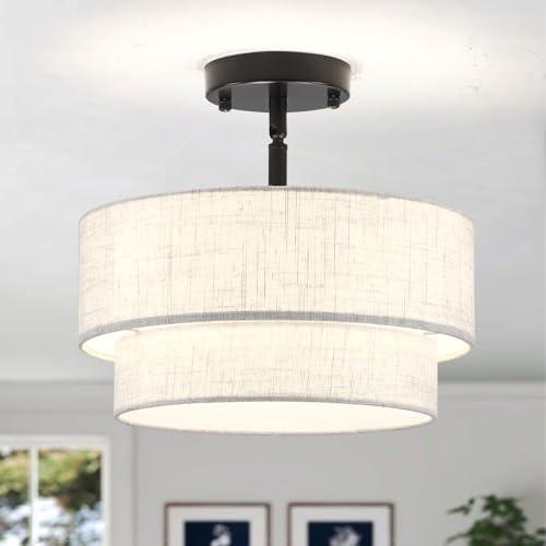 ASHUAQI Deckenlampe Schwarz 3 Flammig, Deckenlampe Stoff Ø32 cm, Moderne Deckenlampe Rund Beige, Deckenleuchte für Wohnzimmer Schlafzimmer Kinderzimmer Esszimmer Flur Küche Eingang, E27 Lampe Decke