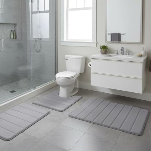 Cnwinu Badezimmerteppich Set 3 Teilig, Badteppich rutschfest Waschbar, Badematte rutschfest Badewanne, Maschinenwaschbare, Superabsorbierende Badvorleger Set 3 Teilig, für Dusche, Badewanne und Wc