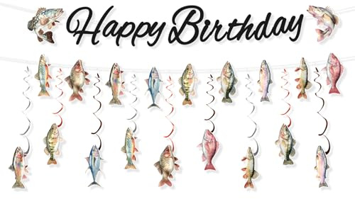 2pz Striscioni Compleanno Pesca, Striscioni Decorativi per Feste a Tema Pesca di Buon Compleanno con 9 Vortici Appesi Adatti a Bambini Ragazzi Uomini Pescatori