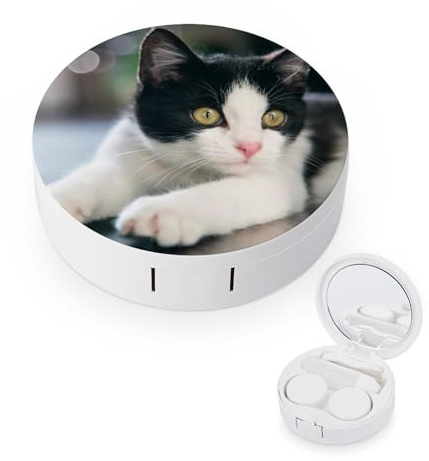 fkgvwo Contact Lens Container Black White Cat Travel Contact Lens Box with Mirror Tweezers Solution Bottle