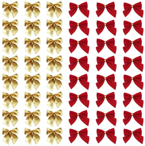 Yuqilin 48 Piezas 5,5 x 5 CM Manualidades Navideños Lazos Decoracion Christmas Bow Decoration de Arbol Navidad Lazos Rojos Navidad Técnica Flocada Rojo y Dorado Weihnachtsschleife