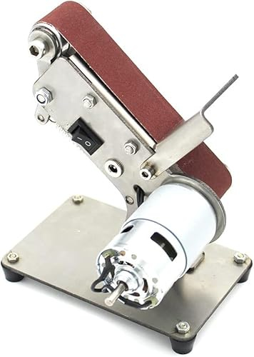 OUKANING Mini Bandschleifer 200W, 4500-9000 U/min Schleifmaschine mit 7-Stufen Geschwindigkeitsregelung und Neigbarer Arbeitstisch 0-65°, Inkl 10 Schleifbänder, für Holz, Metall, Acryl