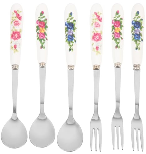 Hohopeti Juego de 6 Cucharas y Tenedores para Postre de Acero Inoxidable Mango de Cerámica Colores y Utensilios Reutilizables para Mezclar Bebidas y Aperitivos Fiestas