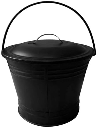 FQRDKT Secchio per Cenere Nero con Manico Spesso E Coperchio, Realizzato in Metallo Robusto, per Caminetti da Esterno E da Interno.