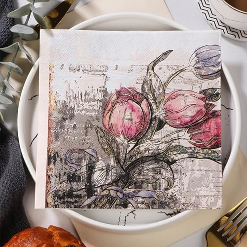 Pappersservetter, retroblommor, cocktailservetter, festdekorationer, absorberande och praktiska - engångsartiklar för bröllop, födelsedag, aptitretare, jul, efterrätt 10 paket (33 x 33 cm)