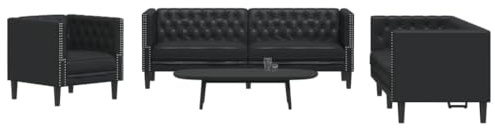 Teenpull 3-TLG. Chesterfield-Sofa-Set Schwarz Kunstleder, Robustes Wohnzimmer-Möbel-Set, Elegante Polstergarnitur für Zuhause, Bequeme Couch mit Schaumstofffüllung
