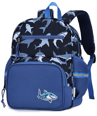 Kasgo Sac à Dos Enfant Maternelle pour Petit Garçon 2-4 Ans Requin Bleu | 0.36 kg léger, résistant à l'eau, lavable en machine, bande réfléchissante, sangle de poitrine, 5 poches, TPS au MS