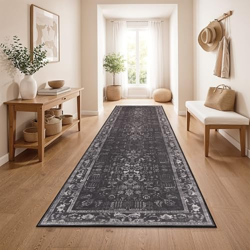 Paco Home Vintage Teppich Läufer Kurzflor Boho Stil Waschbar & rutschfest pflegeleicht modernes Retro Design, Farbe:Anthrazit, Größe:80x150 cm