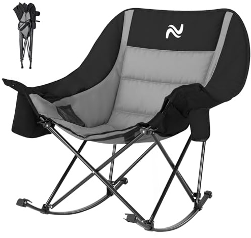 Meulbaty Campingstuhl mit Schaukelfunktion & Kühltasche, 200KG Belastbar | Camping Stuhl Klappstuhl voll gepolstert, Angelstuhl mit Seitenfach, Klappstuhl Camping für Garten Strand