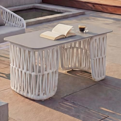 Mendler Loungetisch HWC-P90 43x90x45cm - hellgrau, Platte grau | Gartentisch, Balkontisch, Outdoor, Seilgeflecht, Rope, Sinterstein