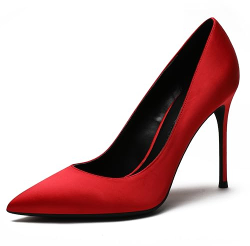 Dampumps Satin Toe Stiftklack Kontor Höga Klackar Slip-on Stängt Toe Gästskor Bröllop Elegant Bekväm, Stor röd, 40 EU