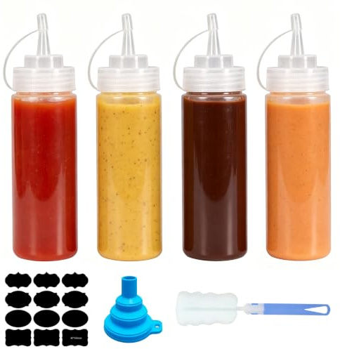 Torytoe Botella de Salsas Exprimible - 4 Piezas de 350 mL Dispensador de Salsas sin BPA, Dispensadores con etiquetadora, embudo y cepillo, Biberón Cocina para Condimentos, Mayonesa, Mostaza, Picante