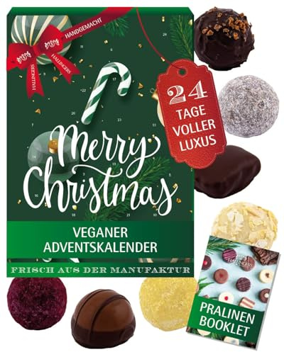 Hallingers Genuss Manufaktur Vegane Pralinen Adventskalender - mit & ohne Alkohol, handmade aus Confiserie-Edelkakao in wertigem Softfeel-Karton Merry Christmas..., Weihnachtskalender für Frauen