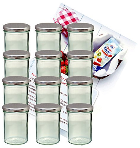 MamboCat 12er Set Sturzglas 435 ml Marmeladenglas Einmachglas Einweckglas to 82 silberner Deckel incl. Diamant-Zucker Gelierzauber Rezeptheft