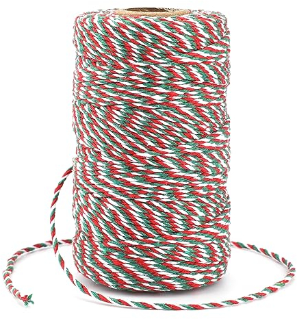 jijAcraft 100M Christmas String for Crafts: 2MM Red Green and White Cotton Bakers Twine String, 328 Feet Packing Twine for DIY Crafts, Gift Wrapping, Christmas Decoration