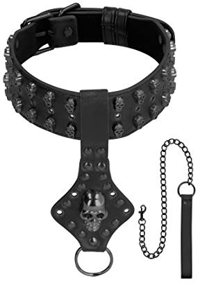 Ouch! by Shots - Skulls & Bones - Nackenkette aus PU Leder mit Totenköpfen mit O- Ringen and Leash- Schwarz