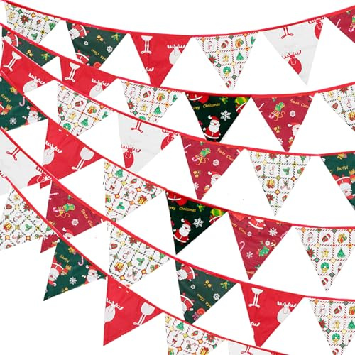 G2PLUS Fabric Christmas Bunting Banner, 10M Double Sided Christmas Bunting, 36PCS Reusable 17x19CM Vintage Cloth Shabby Chic Garland for Xmas Decoration