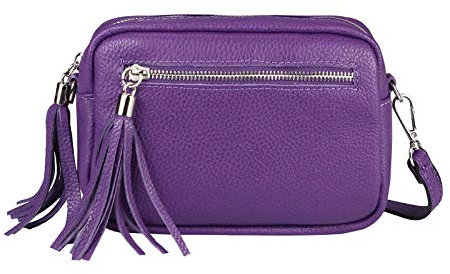 ITALYSHOP24COM Made in Italy DAMEN LEDER TASCHE Umhängetasche Schultertasche Beuteltasche Cross-Over Cross Bag Glattleder Schmucktasche Fransen Ledertasche Lila