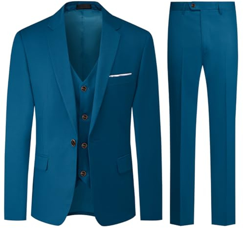 Allthemen Herrkostym med 3 delar, slim fit, enkelknäppt bröllops-/affärskostym, kavaj, väst och byxor, blå, M