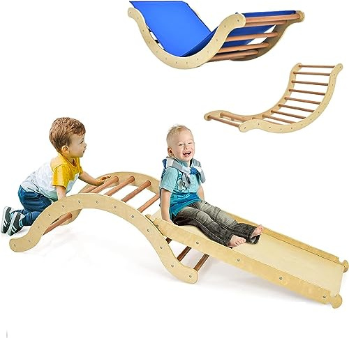 Costzon Climbing Toys for Toddlers, 3-in-1 Montessori Wooden Arch Climber Ladder Structure with Rock Climbing Ramp/Padding, Indoor Gym Learning Playset, Playground for Kids Gift