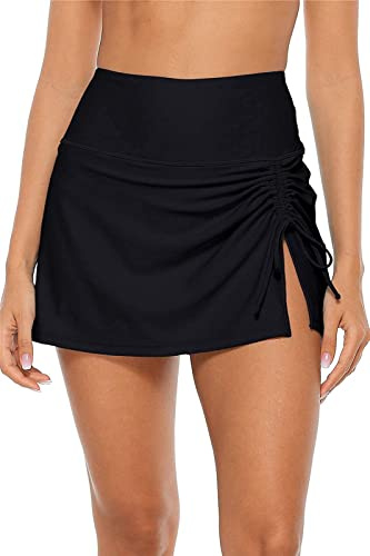 CharmLeaks Women Swim Skirt Ruched Swimsuits Side Slit Pull Tie Bikini Bottom Black S