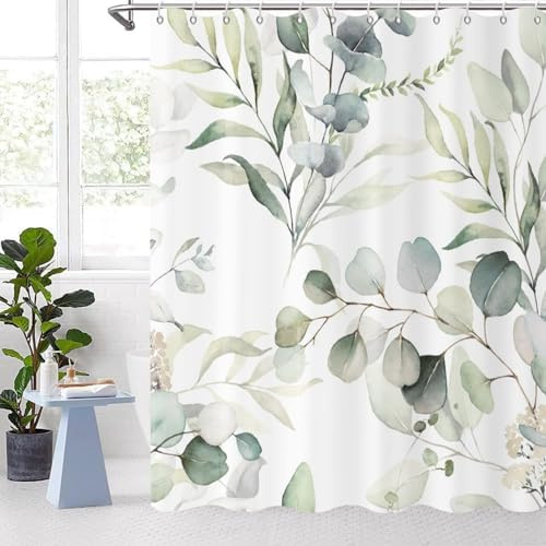 GCIREC Eucalyptus Leaf Shower Curtains, Sage Green Spring Botanical Watercolor Plants Bathroom Curtains Bathtub Home Decor Waterproof Fabric Machine Washable with 12 PCS Hooks